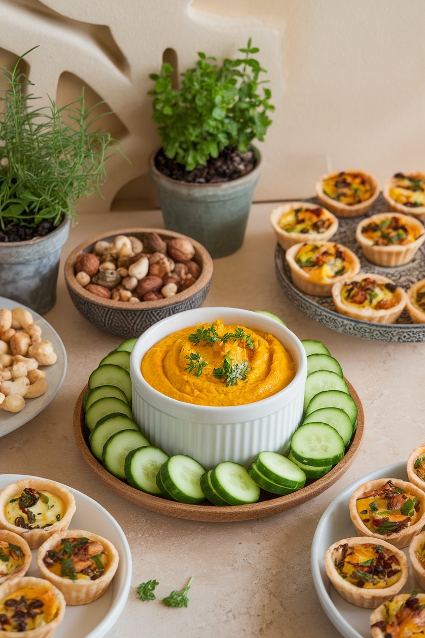 Indoor appetizer table featuring a ramekin of bright yellow curry yogurt dip with cucumber coins surrounding it. No text or logos present.