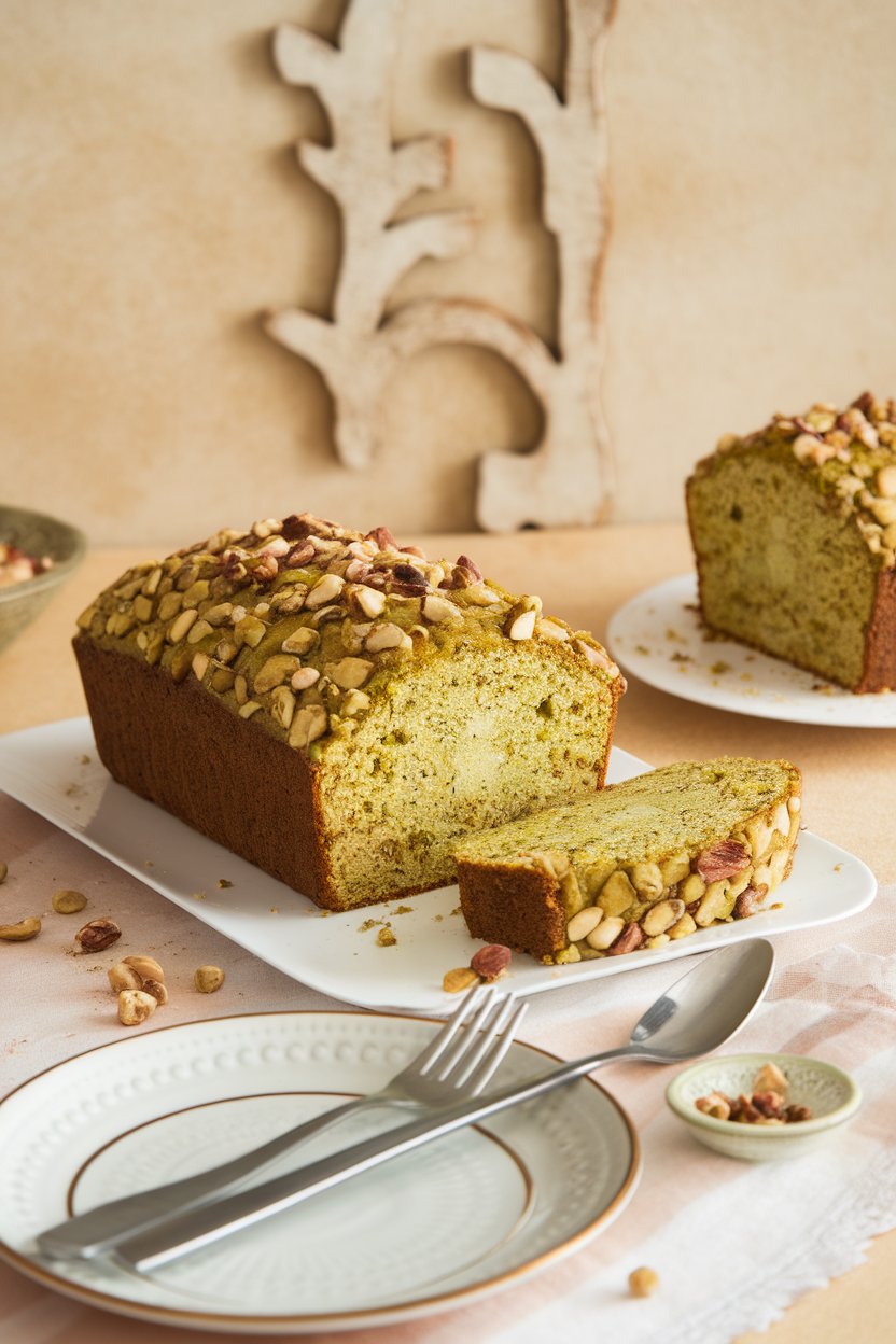 An indoor snack table with a loaf-style pistachio cake, pale green crumb, chopped nuts sprinkled on top, slice slightly pulled out—no text or logos.