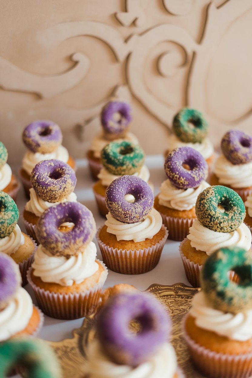 Photo of cupcakes topped with mini glazed doughnut holes rolled in purple, green, and gold sugar, shot indoors, no text or logos