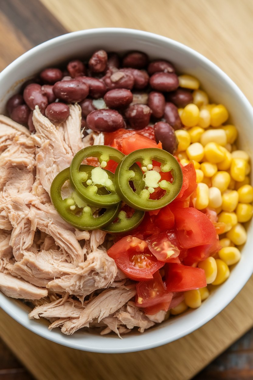 Indoor bowl of shredded chicken, pinto beans, corn, and diced tomatoes topped with jalapeño slices; no text or logos; photograph.