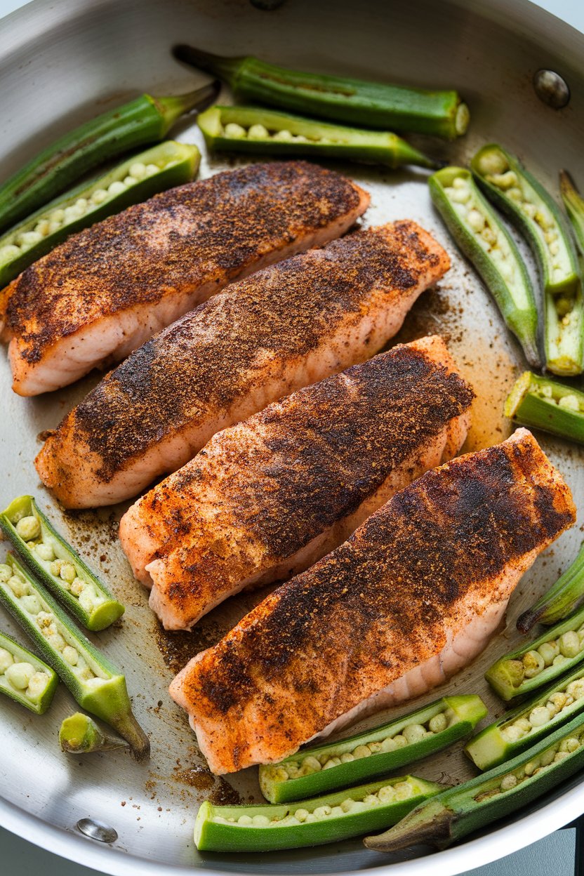 Indoor photo of blackened catfish fillets dusted with Cajun spices, roasted okra pods beside them, slight char visible. No text or logos.