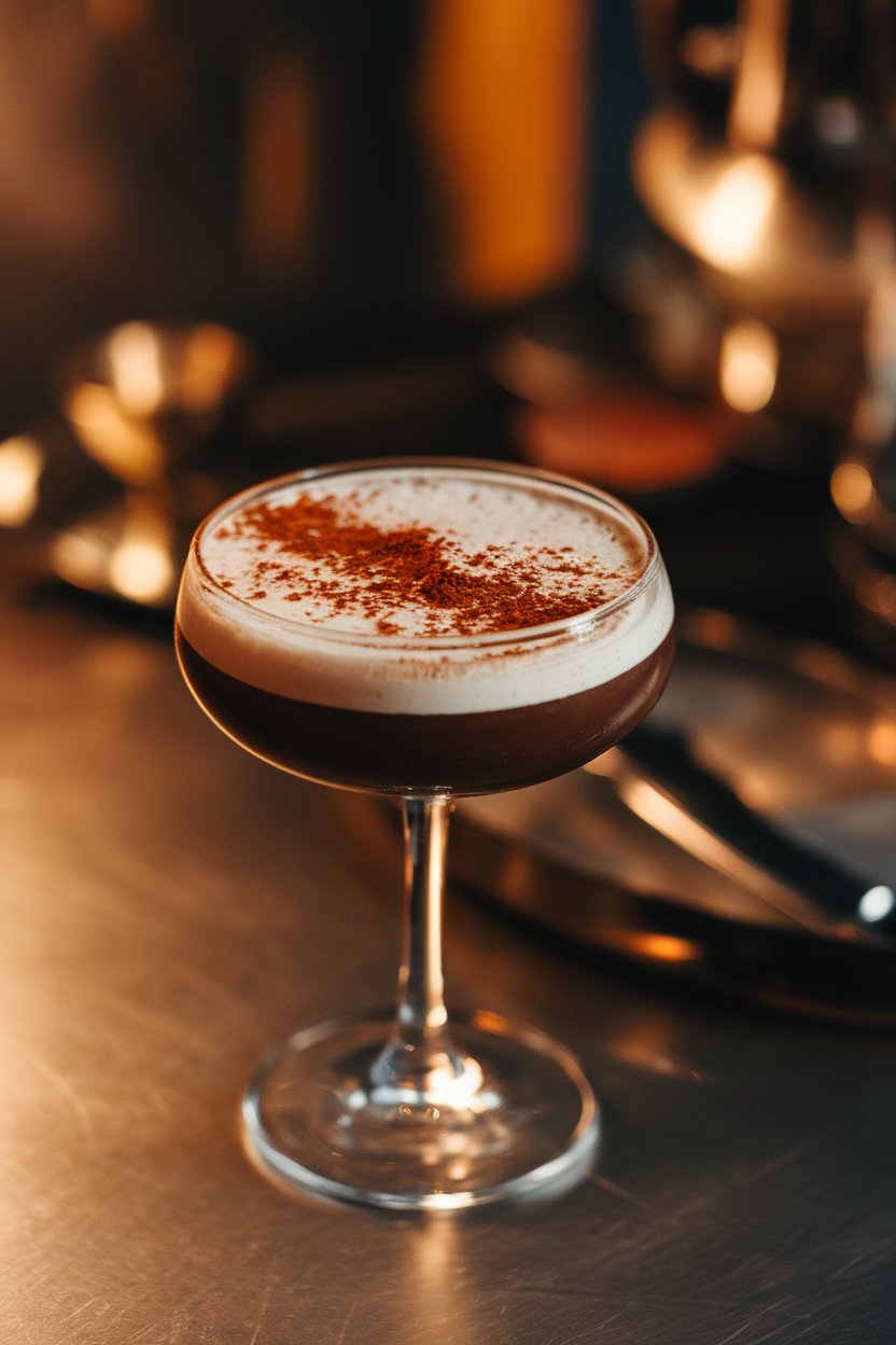 Photo of a coupe indoors with dark mocha cocktail, dusting of chili-spiked cocoa powder on foam, moody dessert-bar lighting, no text or logos