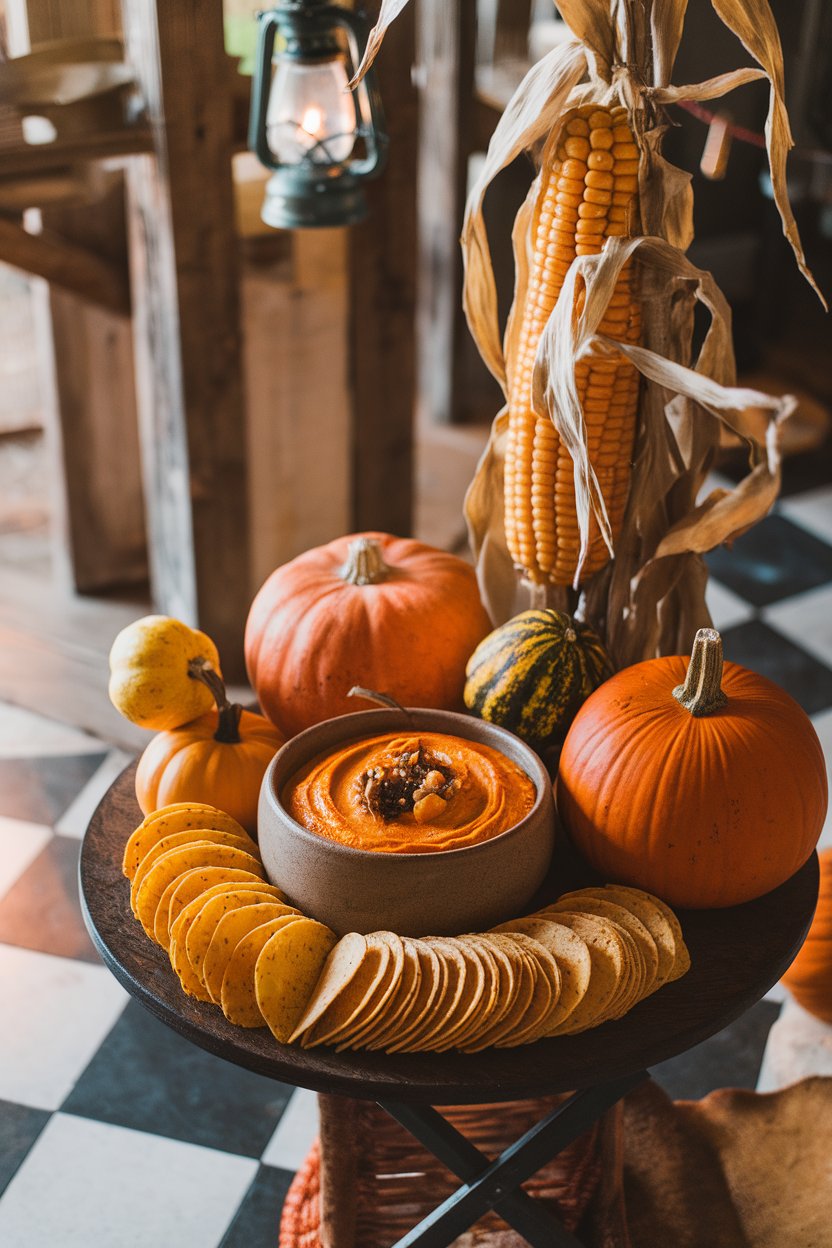 Indoor autumn-themed table showing a bowl of orange pumpkin chipotle dip with tortilla chips fanned beside it. No text or logos.