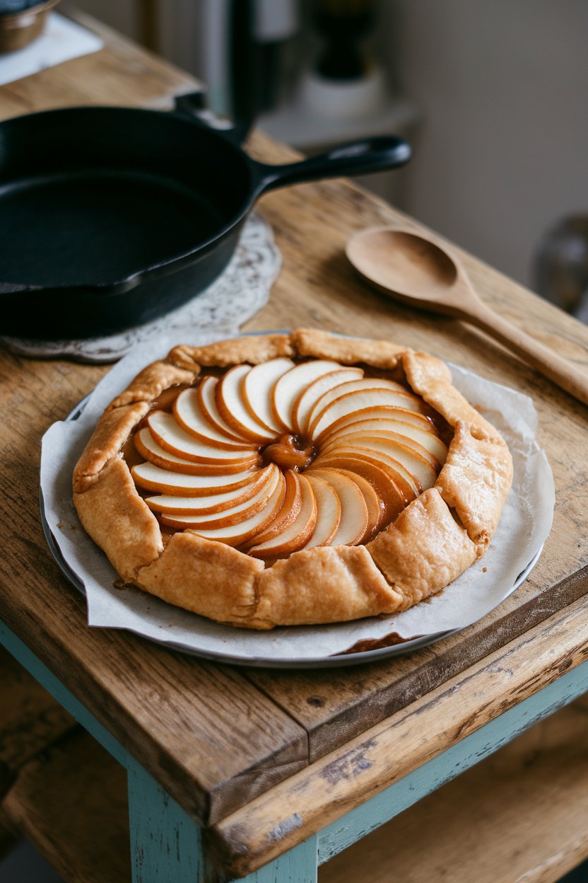 A rustic indoor tabletop with a free-form galette, thin pear slices fanned over caramel glaze, edges golden and flaky. Photo, no text or logos.