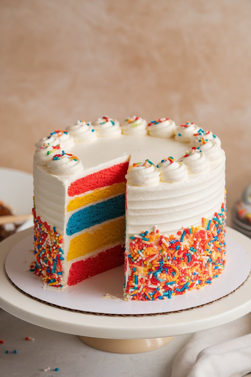 Indoor photo of a sliced three-layer cake showing brightly colored layers inside, frosted in white buttercream with sprinkles. No text or logos present.