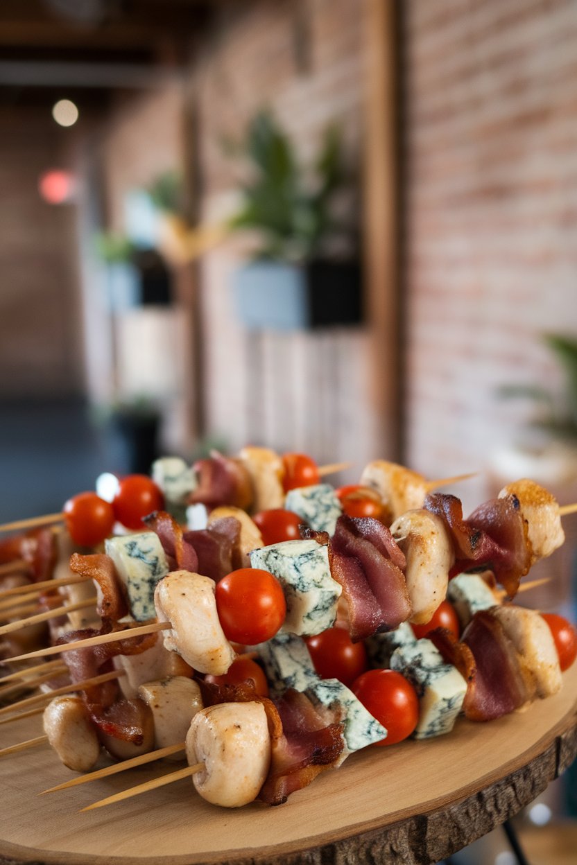 An indoor table with short skewers alternating chicken, bacon, cherry tomato, and blue cheese cubes; no branding or text.