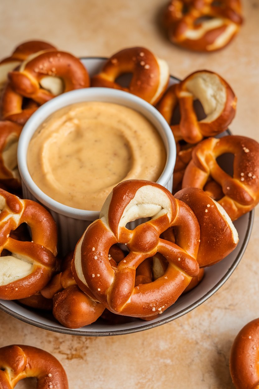Indoor photo of soft pretzel nuggets piled in a bowl with a ramekin of warm beer cheese dip, no text or logos.