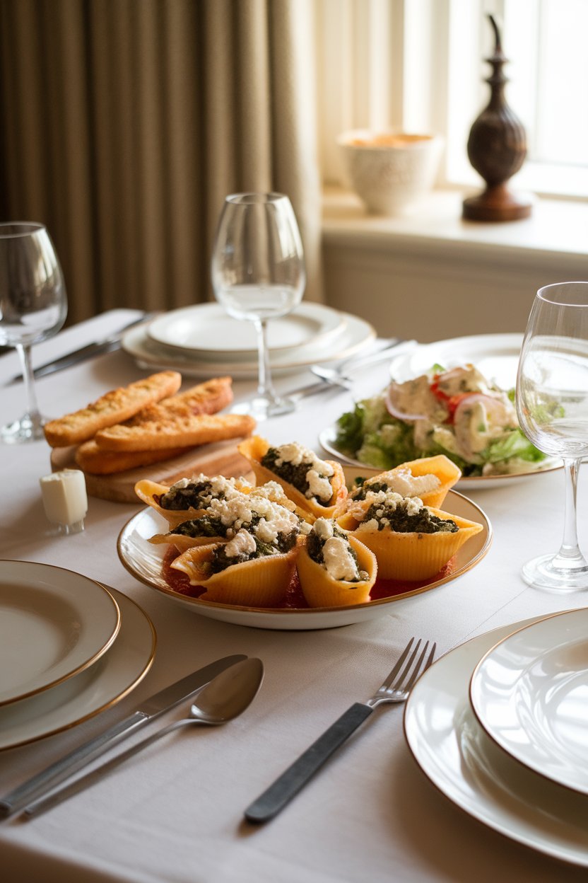 A warmly lit indoor dining table featuring jumbo pasta shells stuffed with spinach-ricotta mix, sprinkled with feta and marinara. No text or logos.