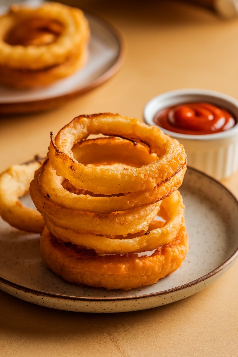 Photo prompt: Indoor plate of stacked baked onion rings, golden brown, small ramekin of ketchup. No logos or text. Photo, not illustration.