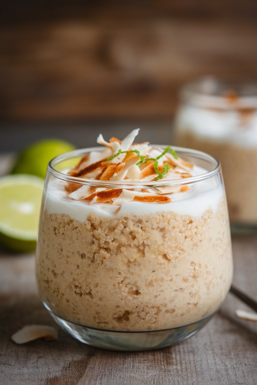 Indoor dessert glass of creamy quinoa pudding topped with toasted coconut flakes and lime zest. No text or logos present.