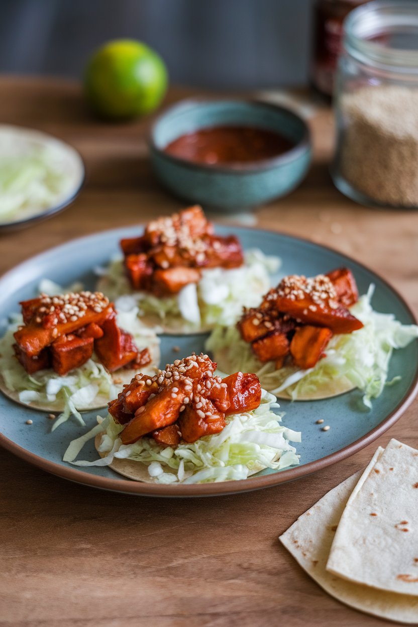 Photo prompt: Indoor plate of small corn tortillas topped with gochujang-glazed jackfruit, shredded cabbage, and sesame seeds. No text or logos. Photo, not illustration.