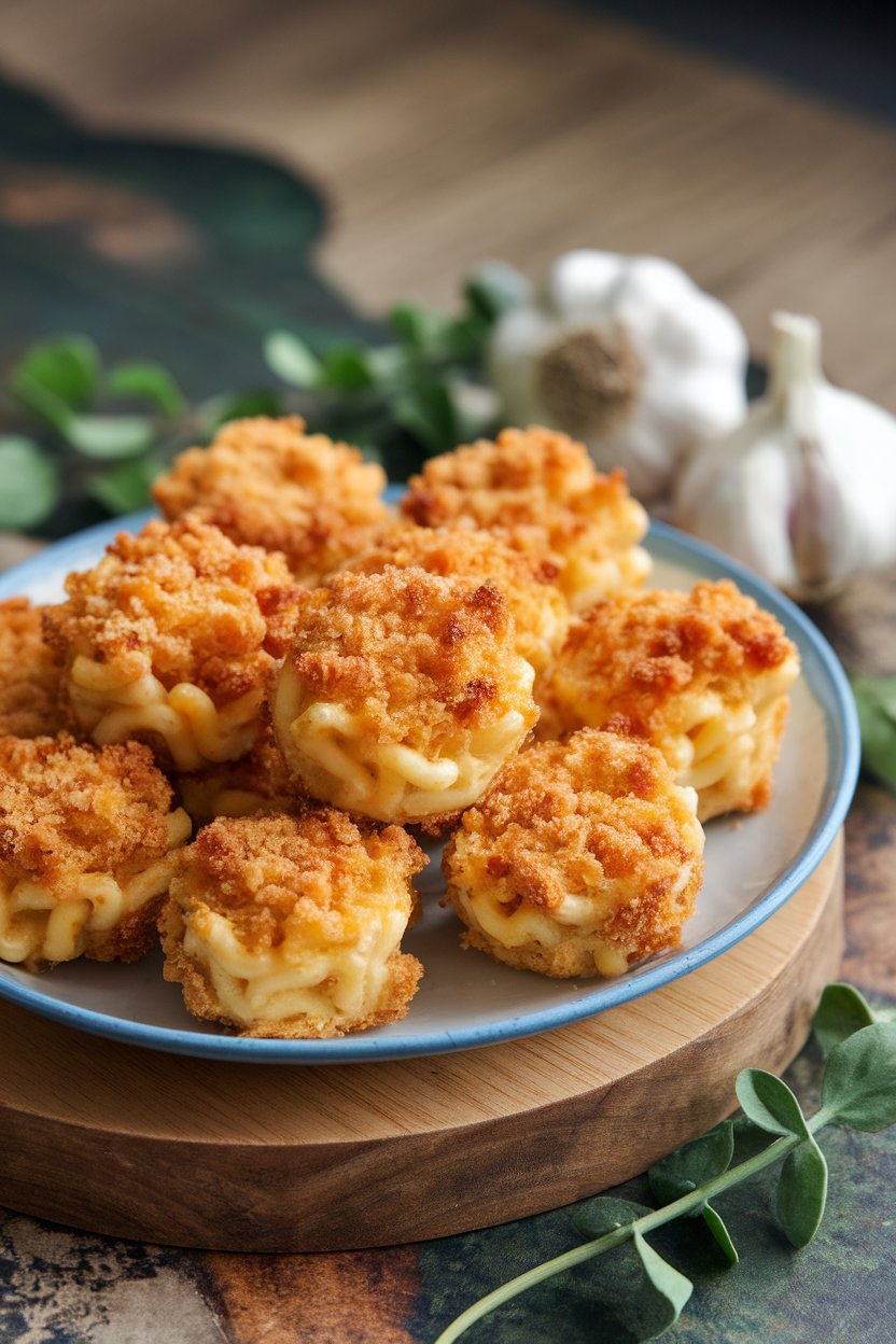Indoor photo of bite-size macaroni and cheese rounds with a crisp breadcrumb crust on a platter; no text or logos.