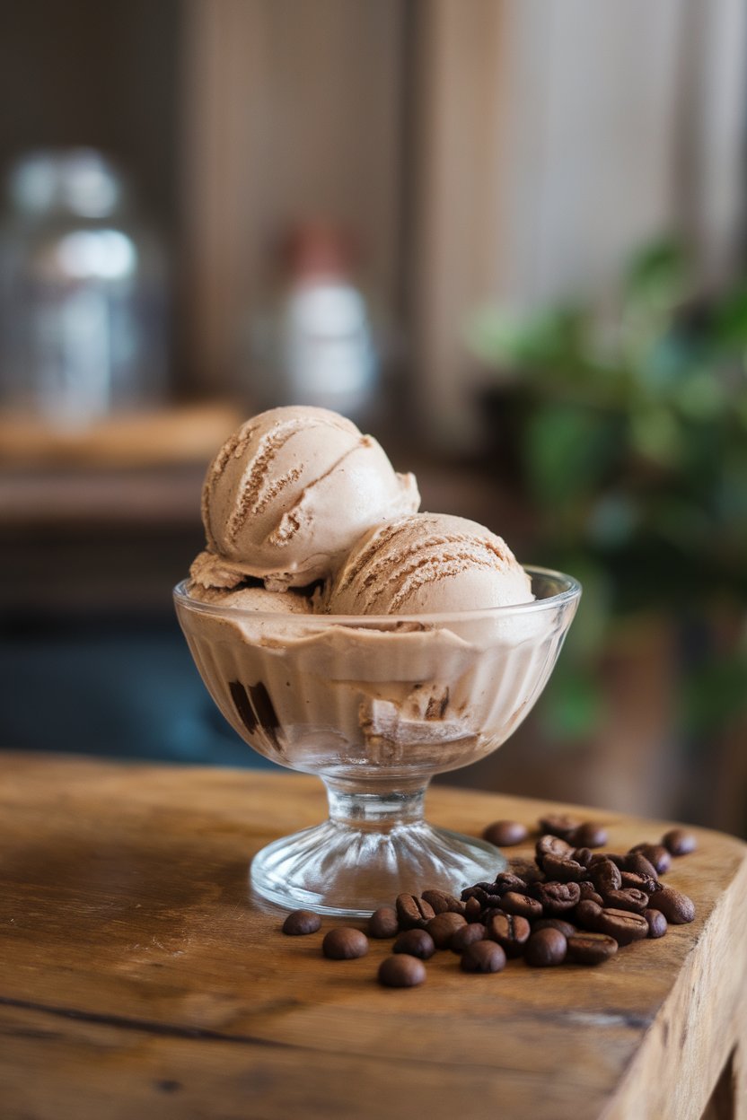 Indoor dessert bowl with two scoops of pale brown chicory coffee ice cream, coffee beans scattered nearby. Photo, no text or logos.