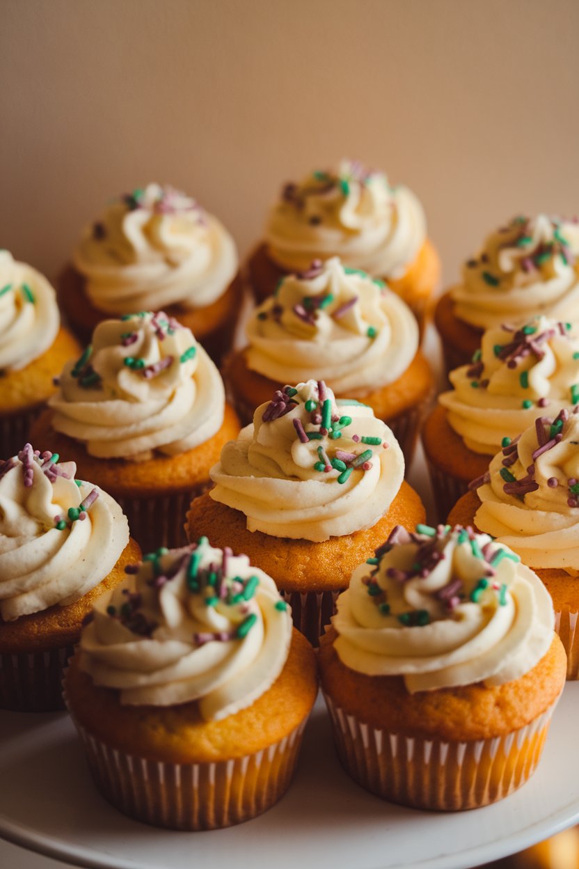 Warm indoor photo of golden-yellow cupcakes with buttercream peaks and purple-green sprinkles, no text or logos