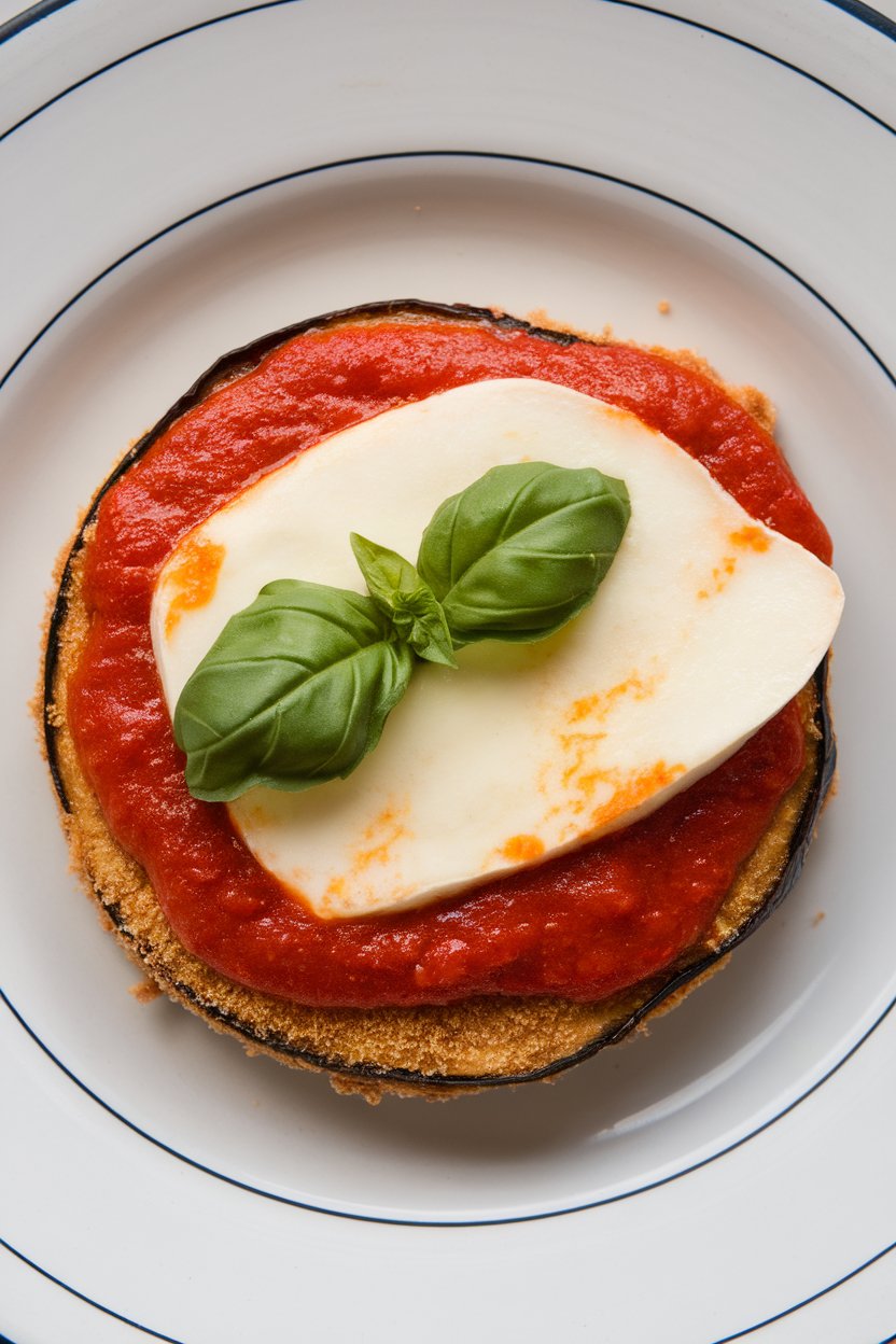 An indoor dinner plate featuring layered rounds of breaded eggplant, marinara, and mozzarella, basil leaf on top. No text or logos. Photo, not illustration.