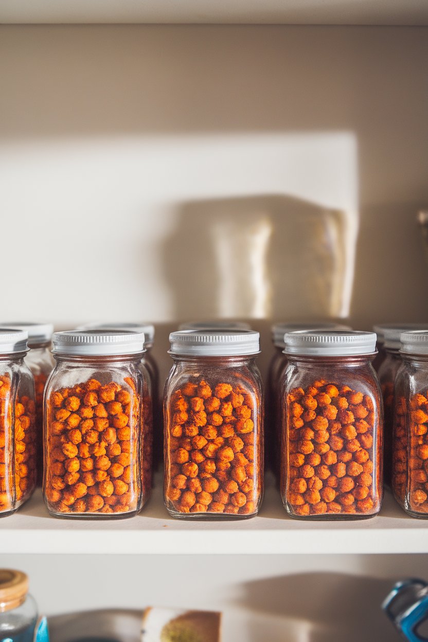 Indoor photo of small glass jars filled with crunchy roasted chickpeas seasoned with paprika on a pantry shelf. No text or logos.