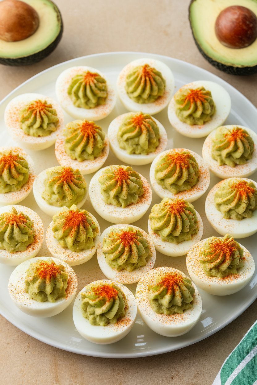 Indoor platter of deviled eggs with pale green avocado filling and paprika dusting, no text or logos