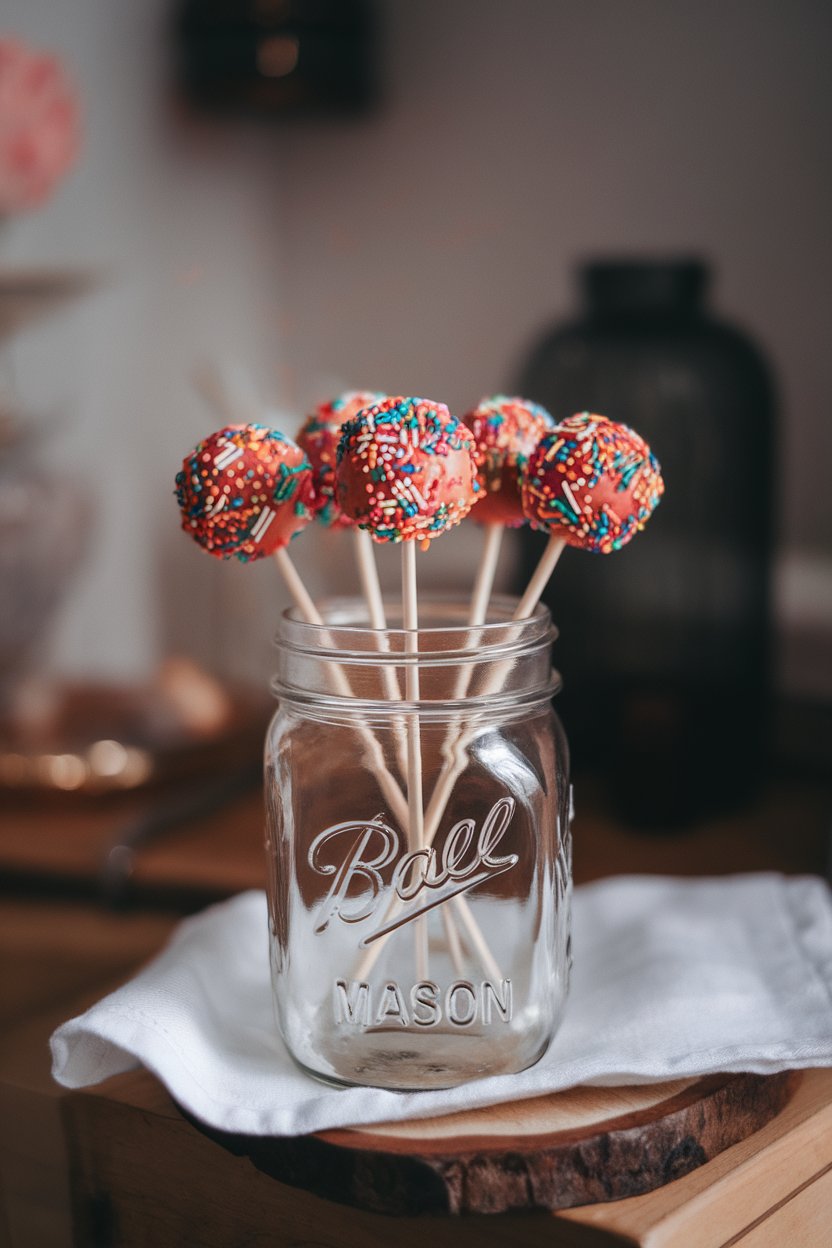 A mason jar indoors holding bright sprinkle-coated cake pops on sticks, no text or logos visible. Photo, not illustration.