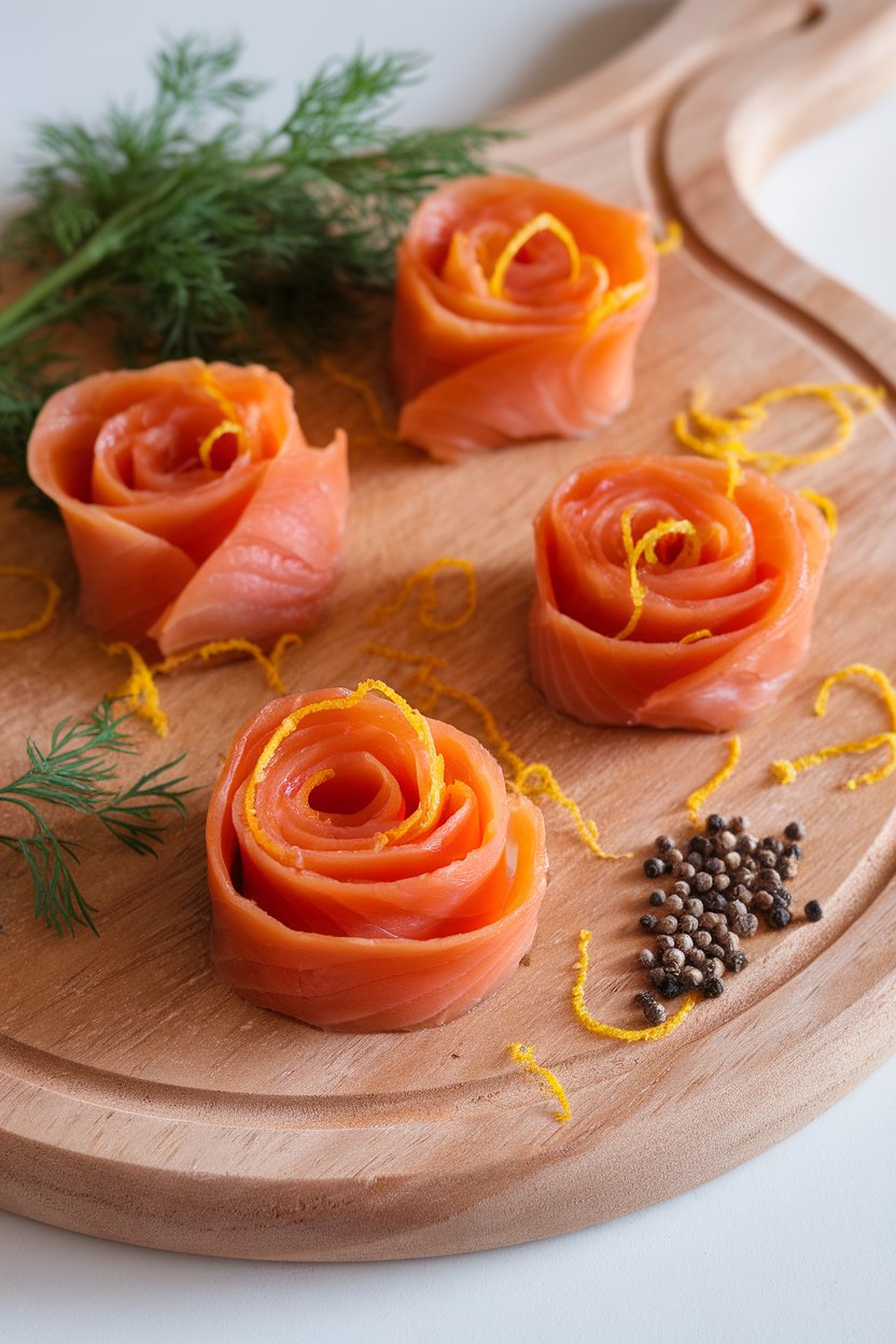 Indoor board featuring thin smoked salmon slices rolled into rose shapes, lemon zest sprinkled lightly. Photo, no text or logos.