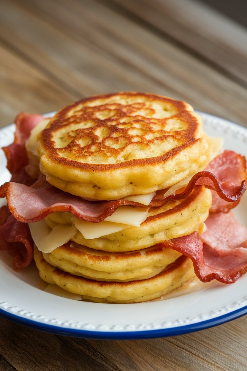 Indoor plate with mini corn pancakes sandwiching turkey bacon and cheese, no logos or text.