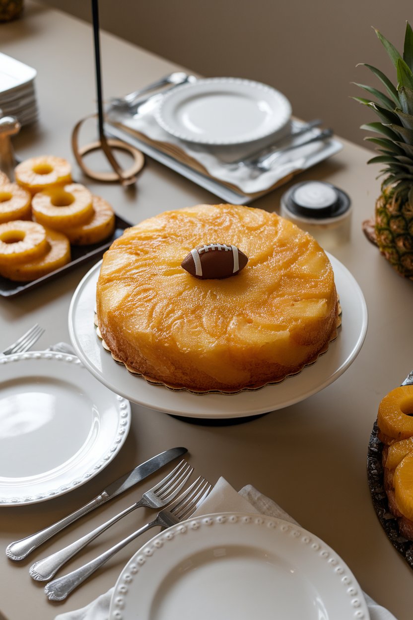 An indoor dessert table with a classic pineapple upside-down cake, caramelized rings glistening, small fondant football in the center—no text or logos.