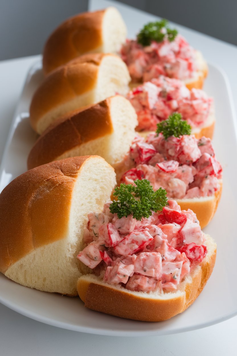 Indoor photo of butter-toasted split-top rolls filled with chilled cooked lobster salad, lined up neatly; no text or logos