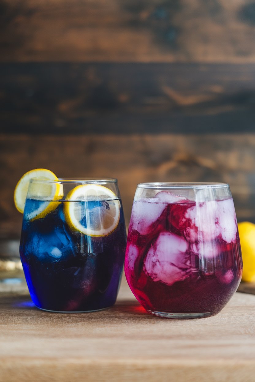 Indoor photo of two glasses showing color-changing lemonade: one deep indigo, the other magenta after lemon, no logos present.