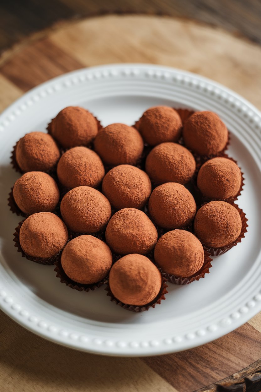 Indoor photo of bite-sized cocoa-dusted chocolate truffles arranged in a small heart shape. Photo, no text or logos.