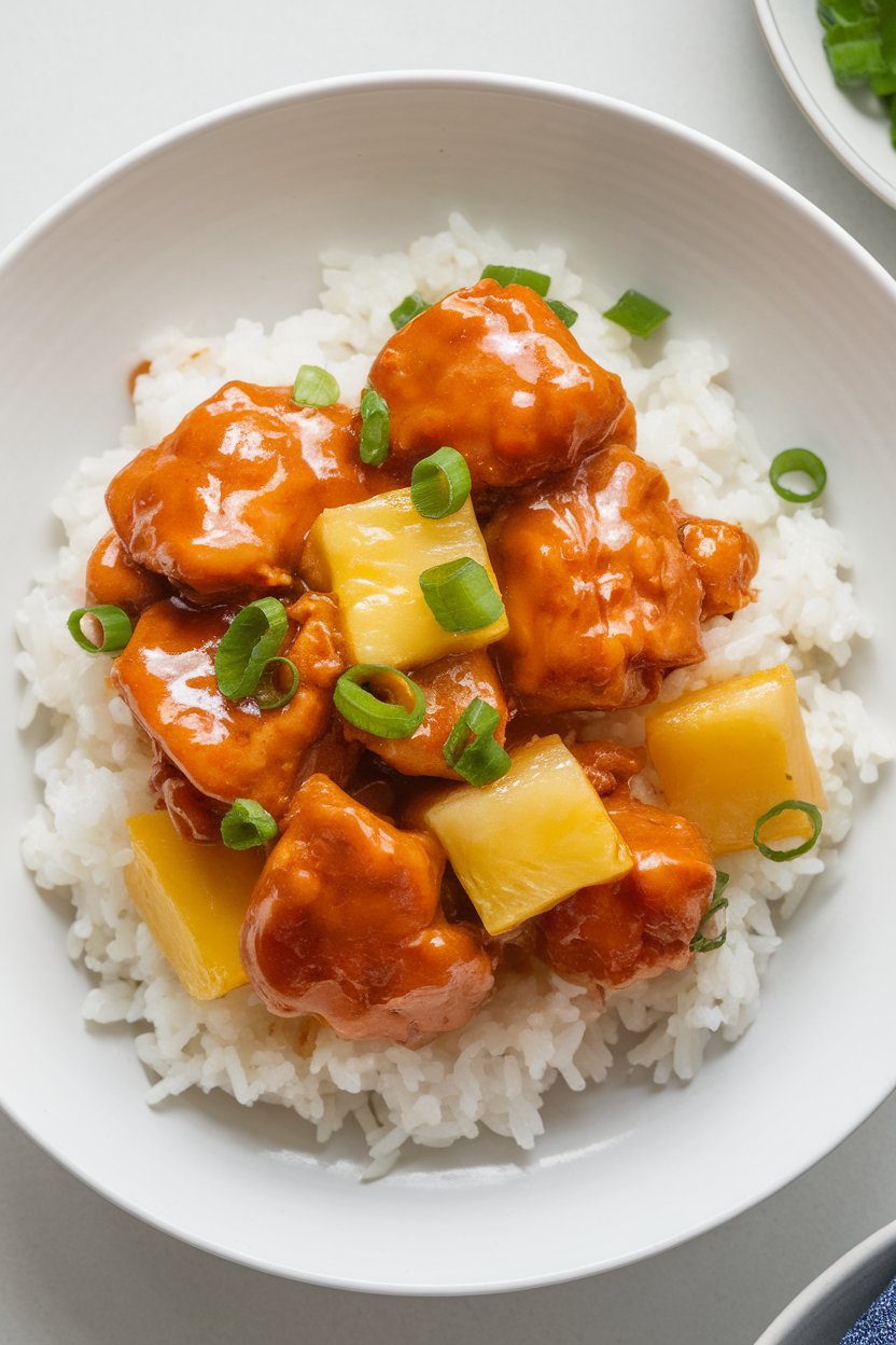 Indoor dish of glossy sweet-and-sour chicken chunks with pineapple and bell peppers over white rice. No text or logos.