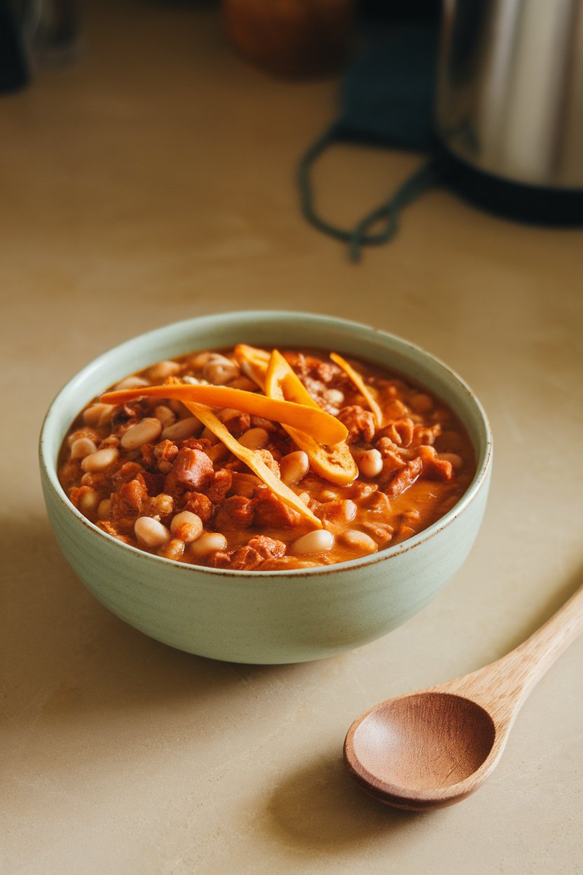 An indoor countertop displaying a pale green bowl of pork and white bean chili studded with roasted Hatch chile strips. No logos or text in view.