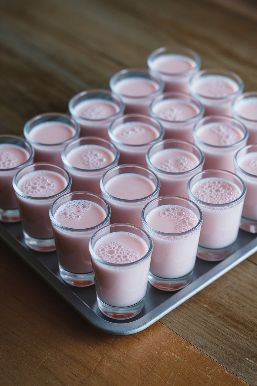 Indoor tray of small clear shot glasses filled with pastel pink kefir, bubbles visible on top. Photo, no text or logos.