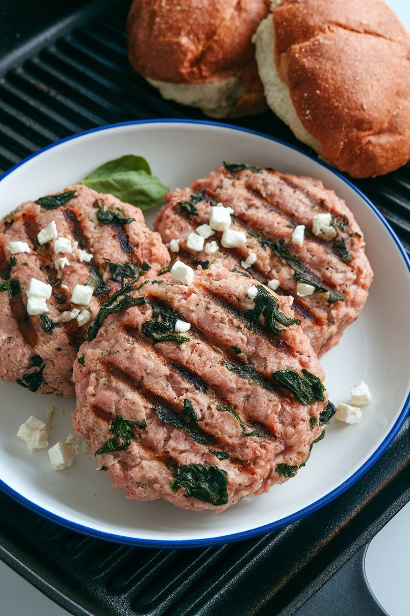 An indoor grill-pan scene with turkey burger patties flecked with spinach and feta on a plate beside whole-grain buns; no text or logos. Photo only.