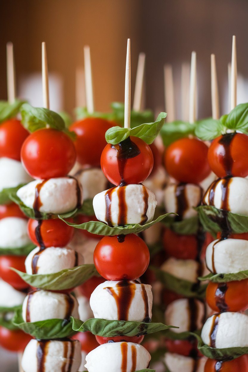 Indoor photo of toothpick skewers threaded with cherry tomatoes, mini mozzarella balls, and basil leaves, lightly drizzled with balsamic glaze. No logos present.
