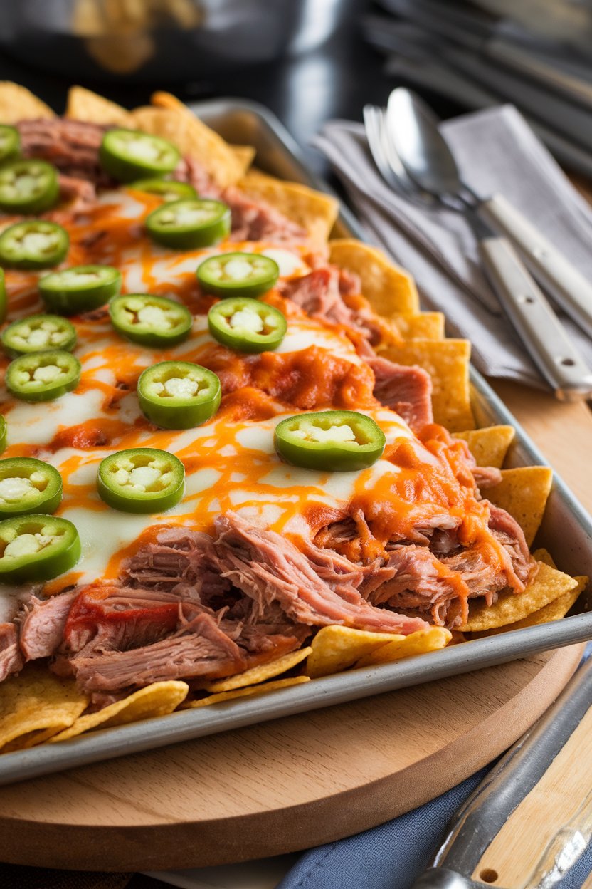 Sheet pan layered with tortilla chips, smoked pulled pork, melted cheese, and jalapeños, photographed indoors. No logos or text.