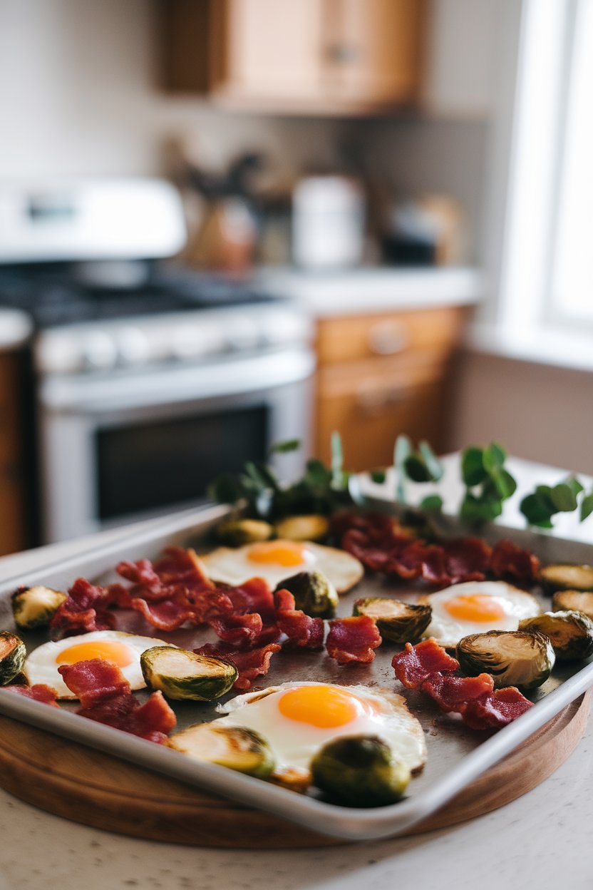 Indoor countertop shot of a sheet pan with crispy bacon pieces, roasted Brussels sprouts halves, and baked eggs. No text or logos.