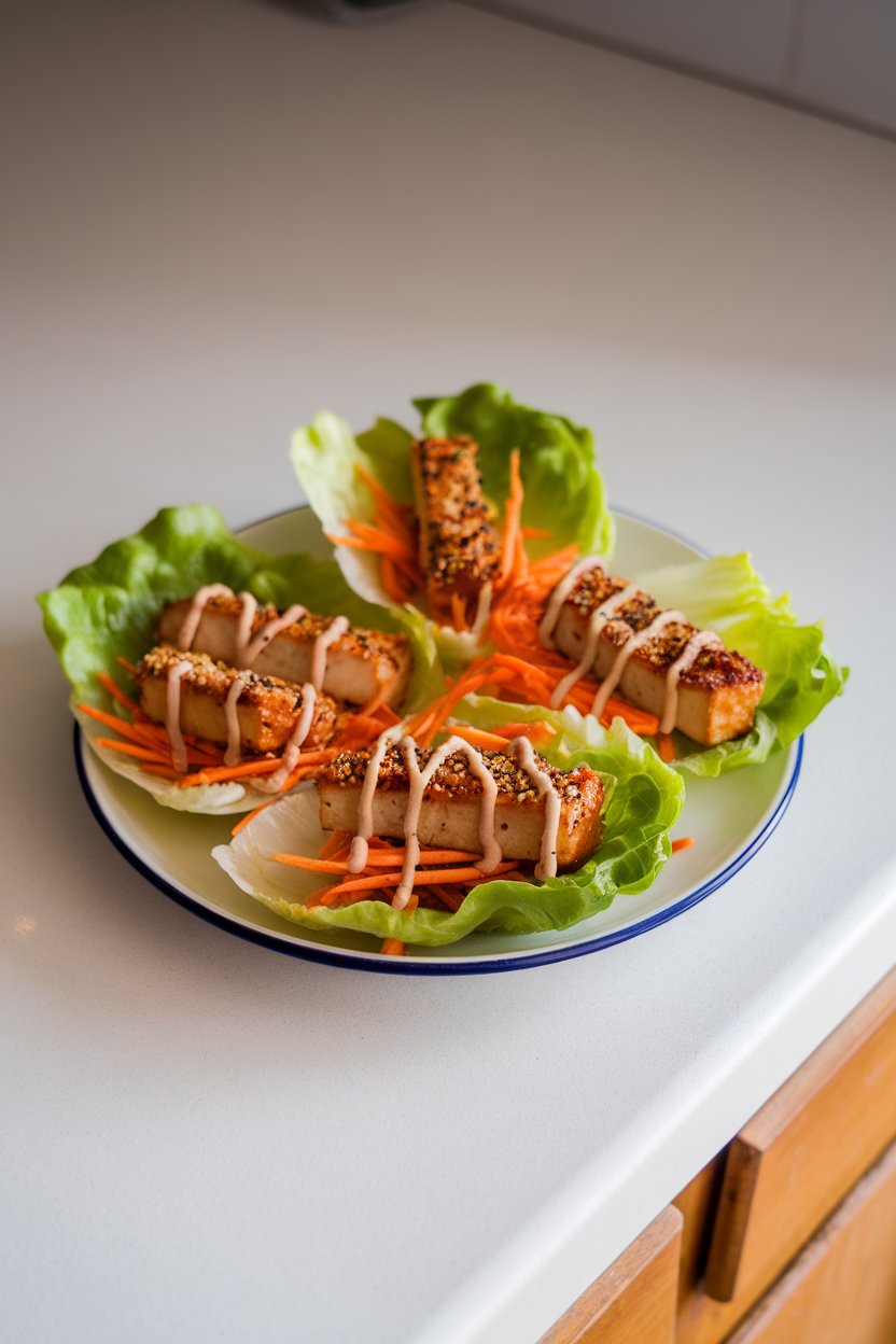 Indoor countertop featuring butter lettuce cups filled with sesame-crusted tofu strips, shredded carrots, and hoisin drizzle. No text or logos. Photo, not illustration.