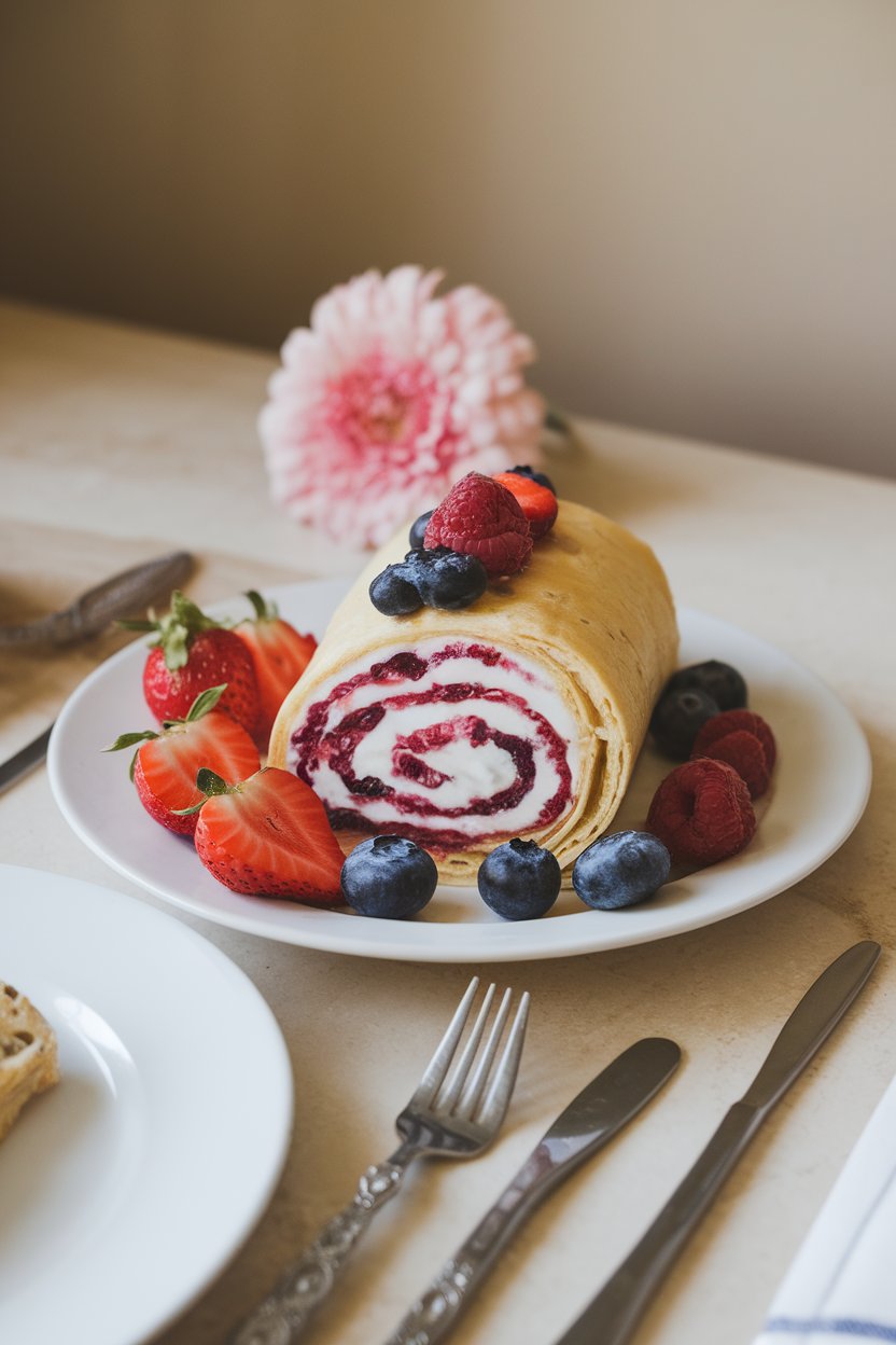 An indoor breakfast table with a rolled-up protein pancake filled with fresh berries and Greek yogurt, sliced pinwheel-style; no text or logos.