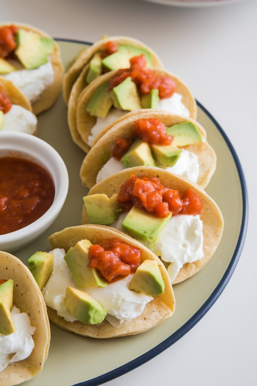 An indoor breakfast bar with small corn tortillas holding fluffy egg whites, diced avocado, and salsa verde. No text or logos on plates or background.
