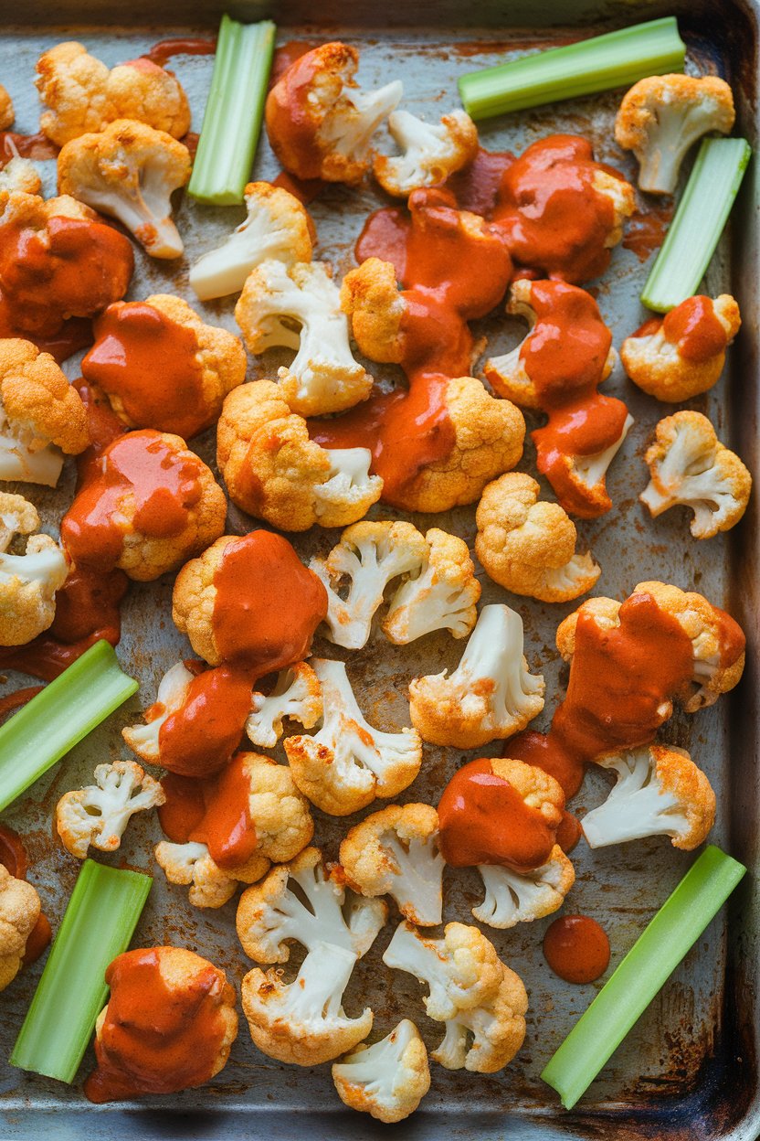 Indoor photo of roasted cauliflower florets coated in Buffalo sauce on a sheet pan, with celery sticks added for crunch. No text or logos.