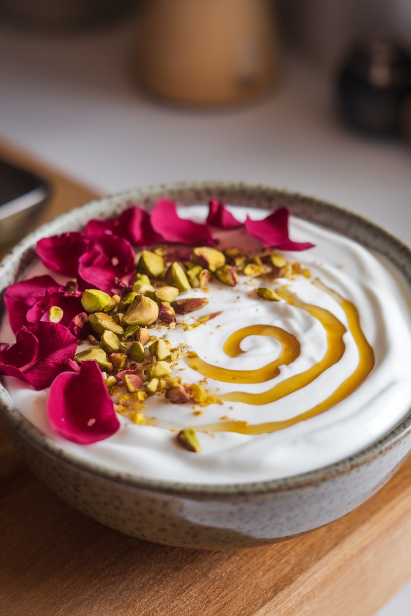 Indoor photo of thick Greek yogurt topped with edible rose petals, chopped pistachios, and a drizzle of honey, no text or logos