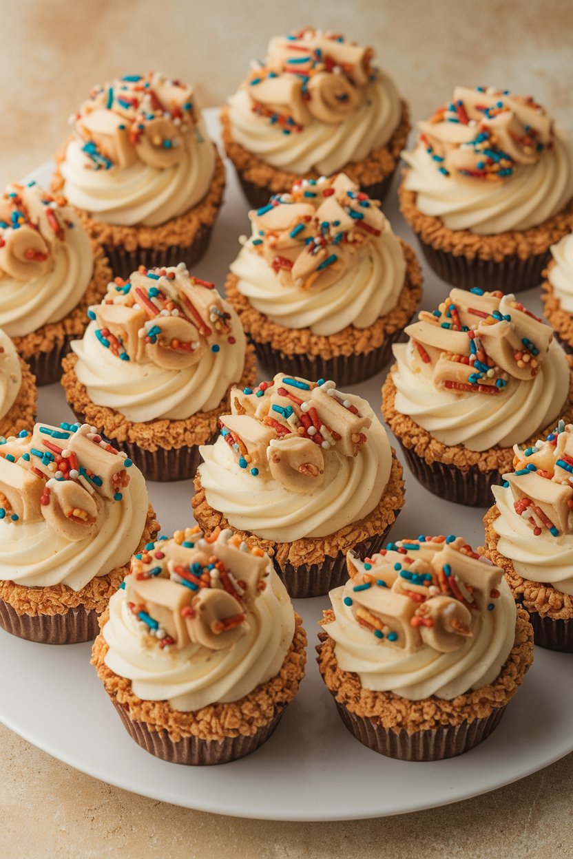 Indoor photo of cheesecake-style cupcakes with graham crust and tri-color sprinkle topping, no text or logos