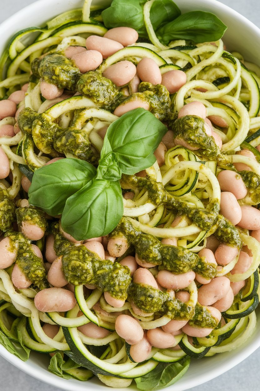Indoor photo of spiralized zucchini noodles mixed with white beans and basil pesto in a salad bowl. No text or logos.