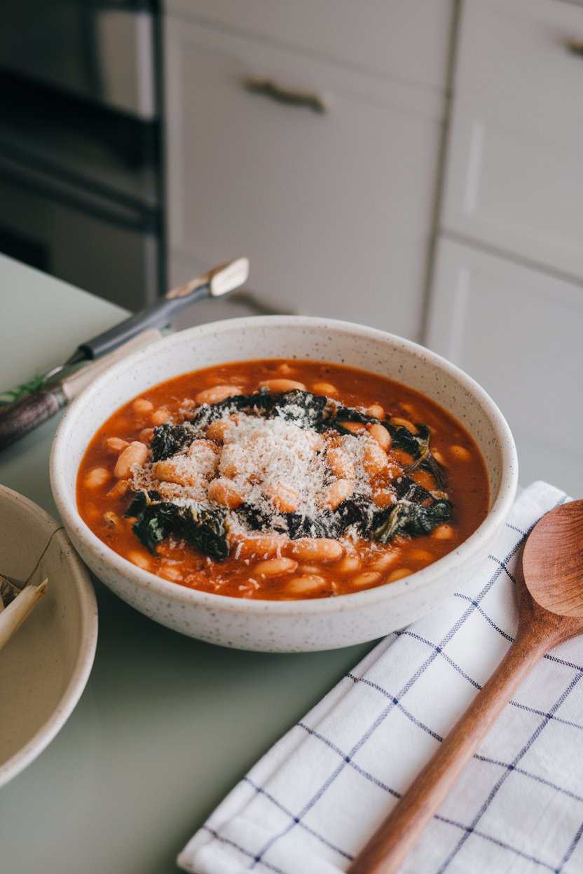 An indoor kitchen table presenting a bowl of white bean chili swirled with wilted spinach, topped with grated Parmesan. No logos or text present.