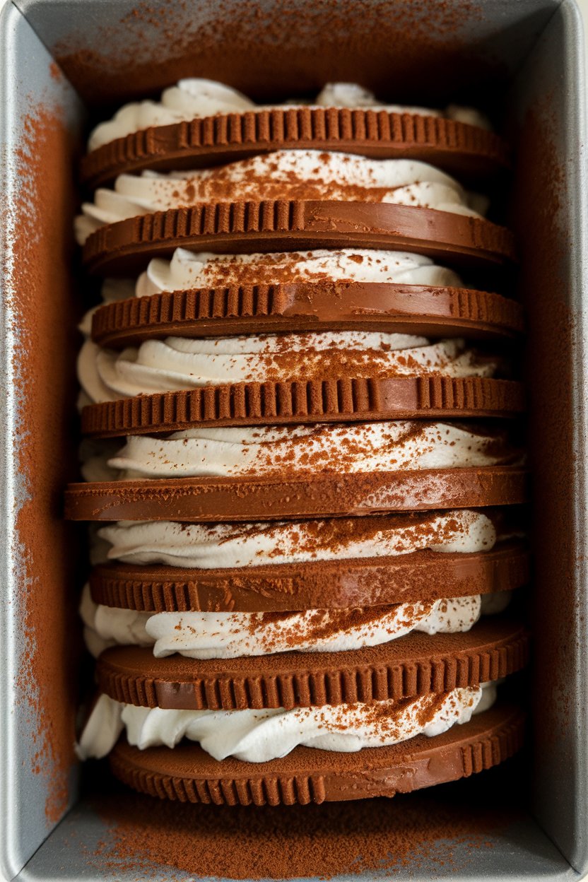 Sliced indoor loaf pan showing layers of chocolate wafer cookies and espresso whipped cream, dusted with cocoa. No text or logos; photo, not illustration.