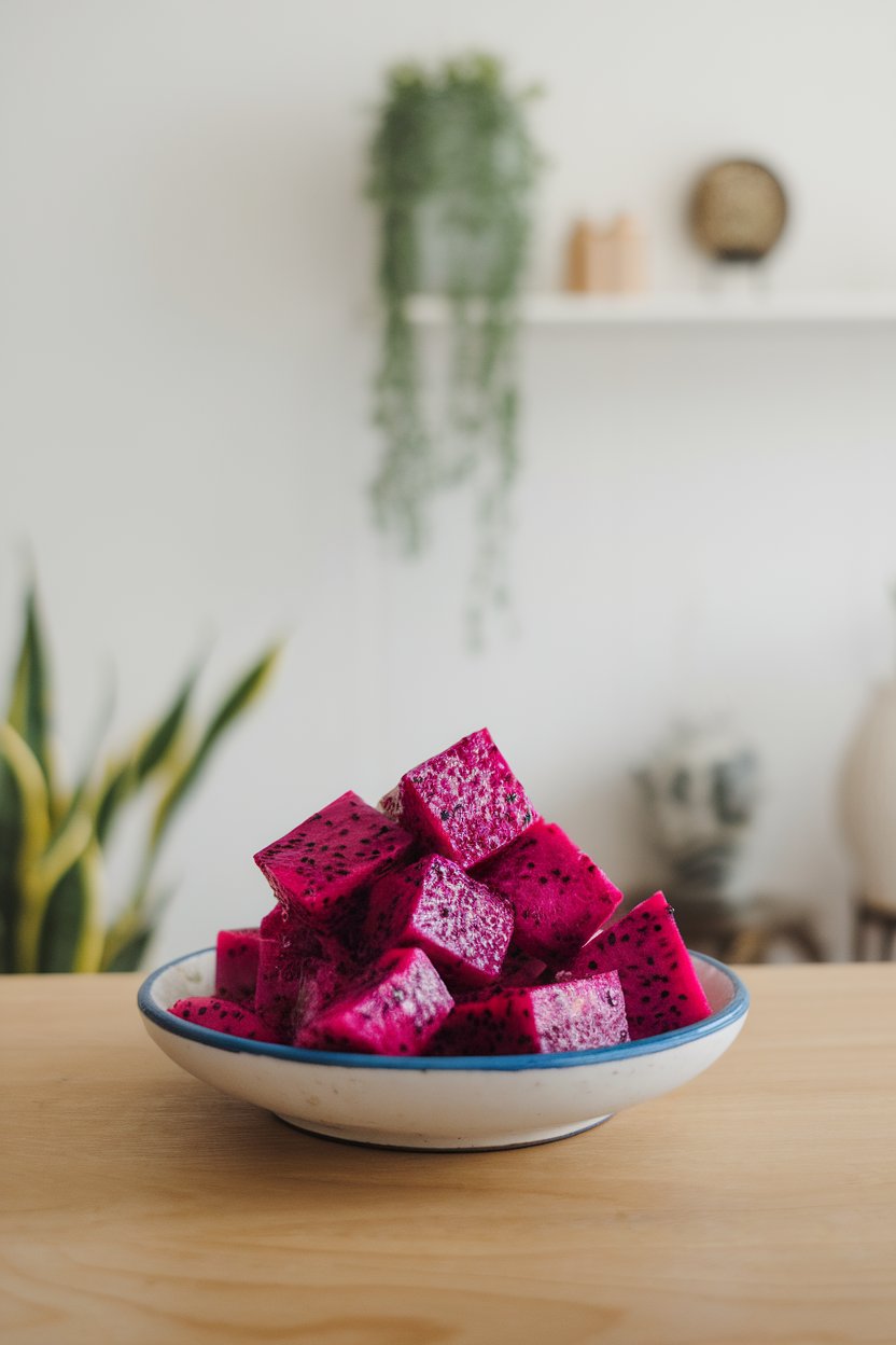 Indoor dish of bright magenta dragon fruit cubes, tiny black seeds visible. Photo, no text or logos.