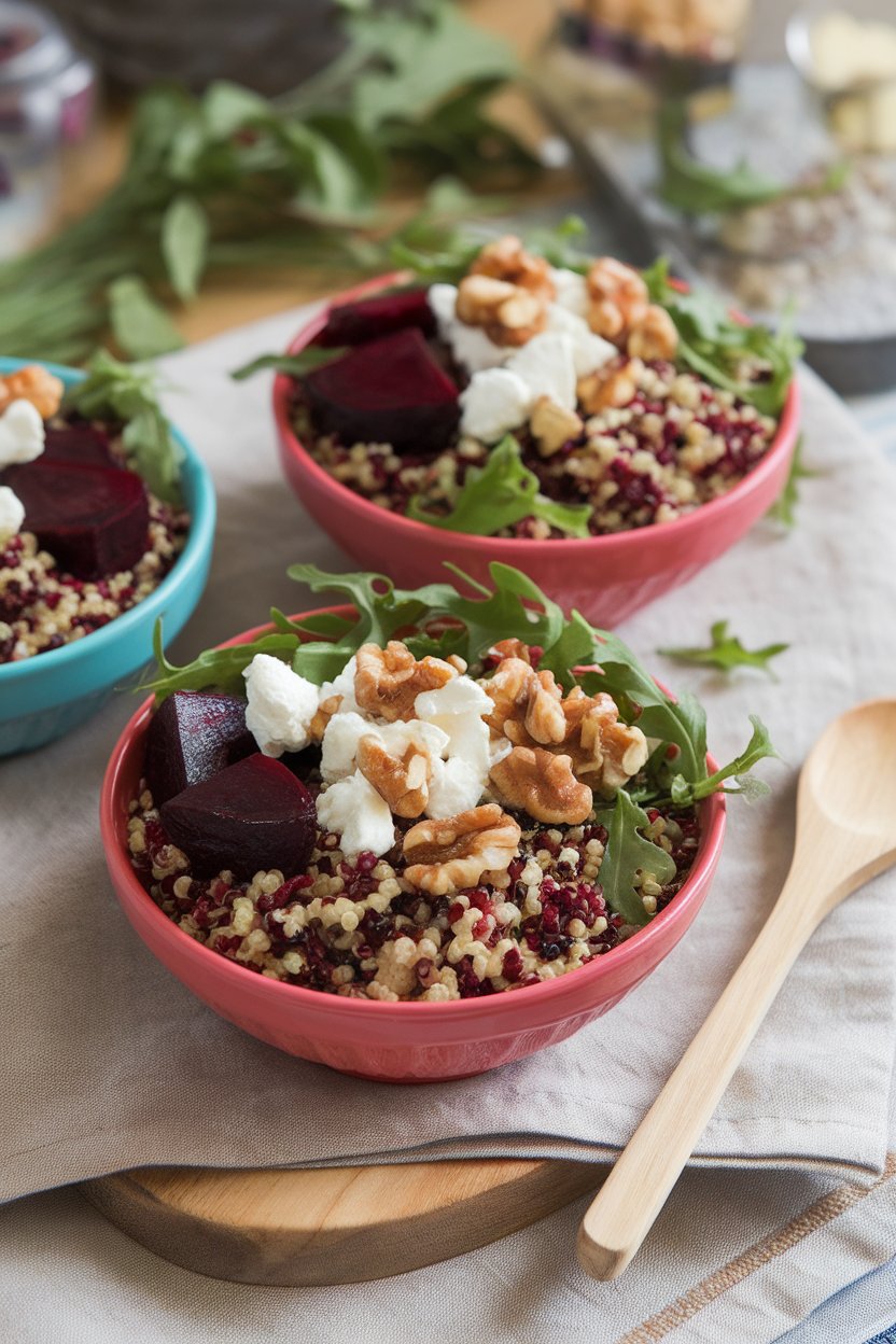 Indoor photo of vibrant bowls filled with tricolor quinoa, roasted beet wedges, arugula, walnuts, and crumbled goat cheese. No text or logos.