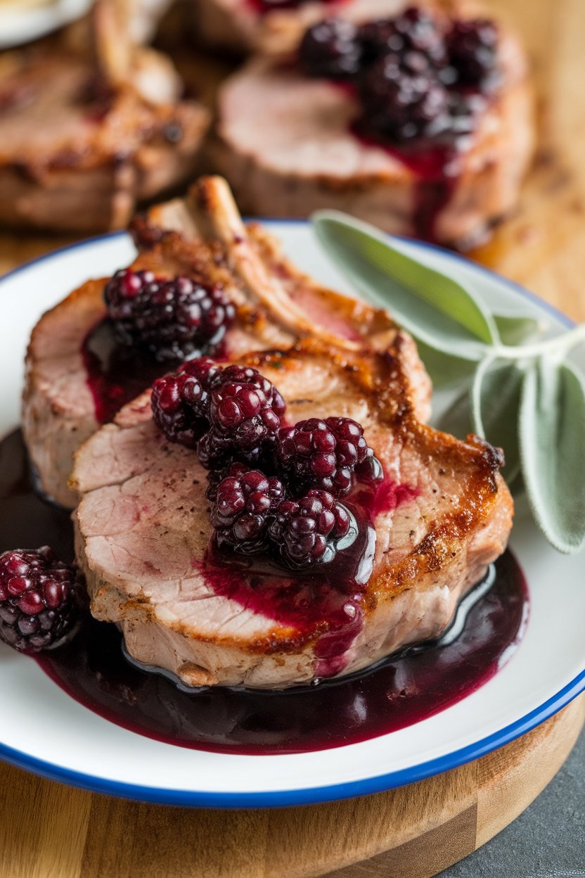Plate of pork chops draped in deep purple blackberry sauce, sage leaves nearby, no text or logos.