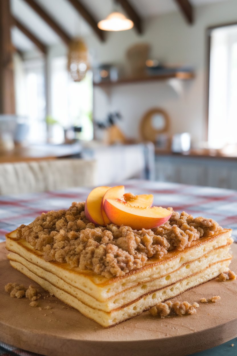 Pancake square with peach slices and crumb topping, indoor summer kitchen, no text or logos.