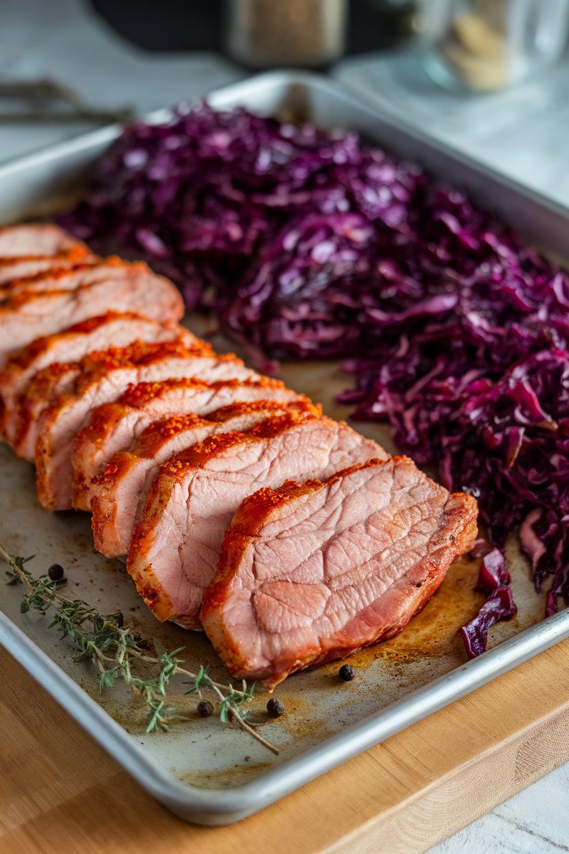 Indoor photo of paprika-rubbed pork slices and shredded red cabbage roasting together on a sheet pan. No text or logos.