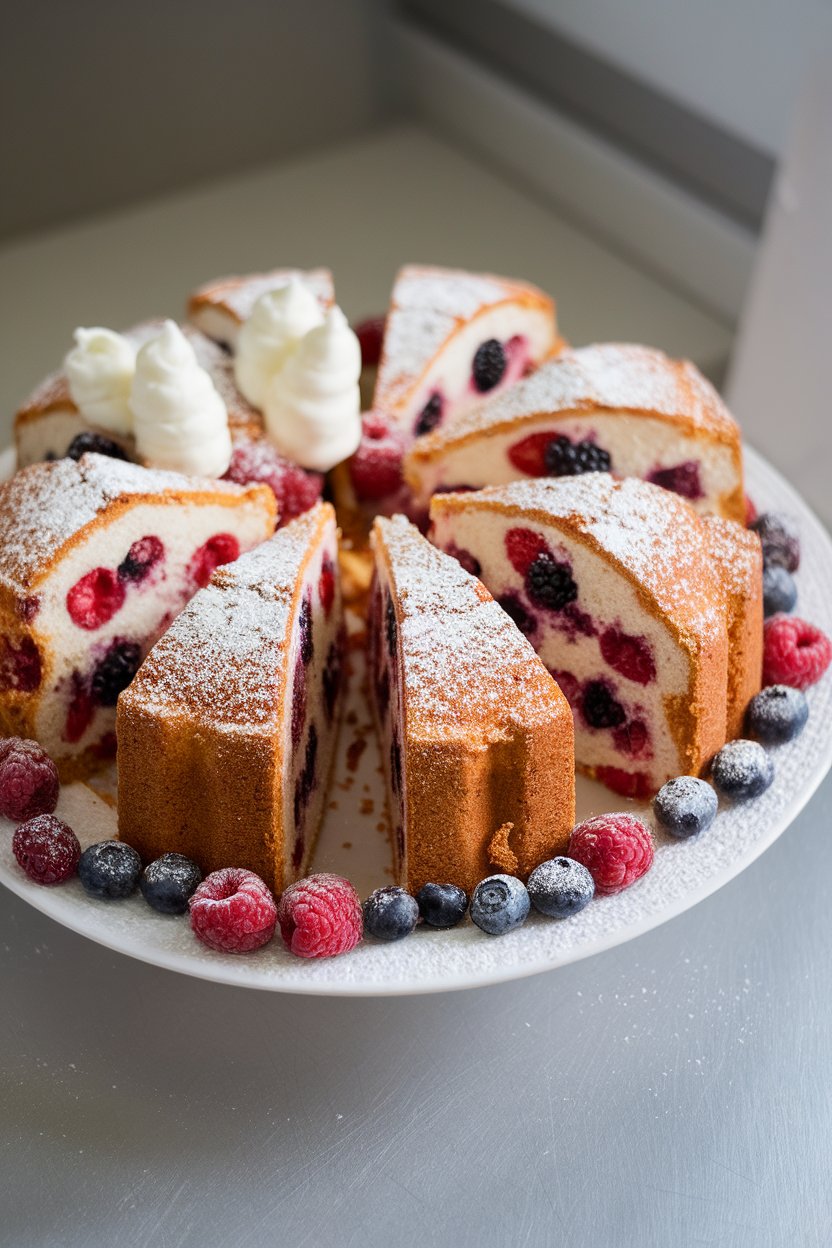 Indoor photo of a sliced king cake filled with berries and Chantilly cream; no text or logos.